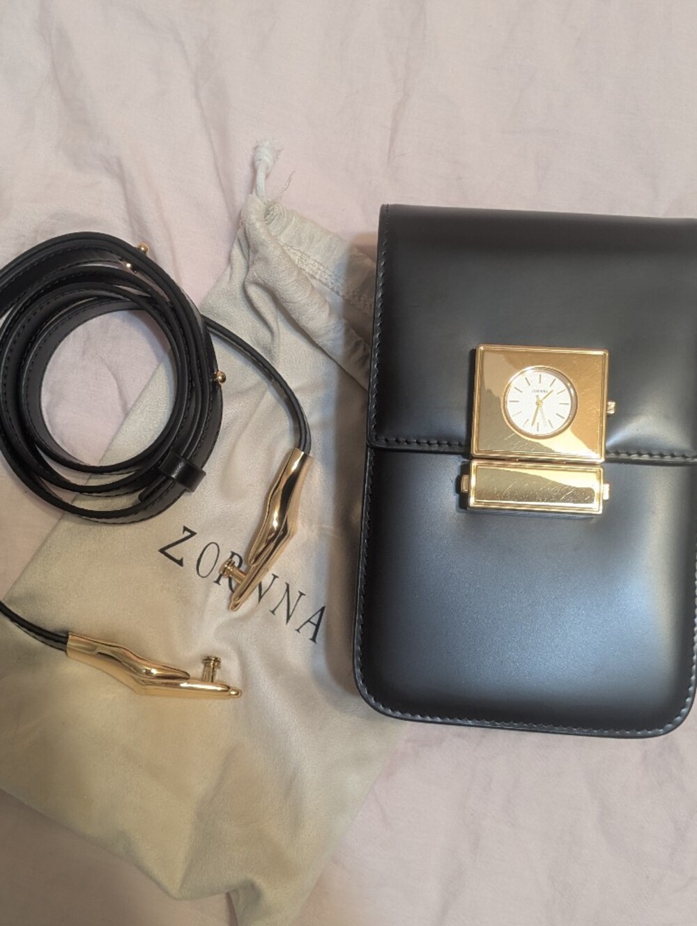 Black Zornna Crossbody Clock/Watch Bag Purse Luxury Black Leather